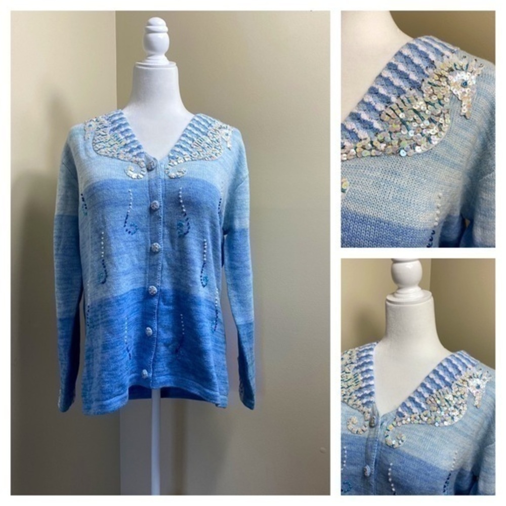 Nwt Storybook knits ocean seahorse sweater Large embellished beaded
